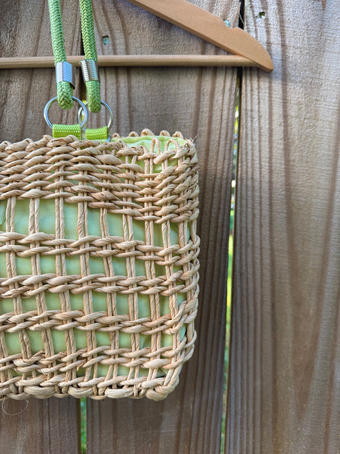 Woven Straw Tote Bag with Lime Green Lining &amp; Card Holder