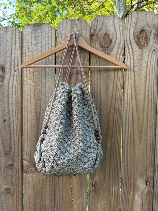 Neutral Crochet Drawstring Shoulder Bag with Wood Beads
