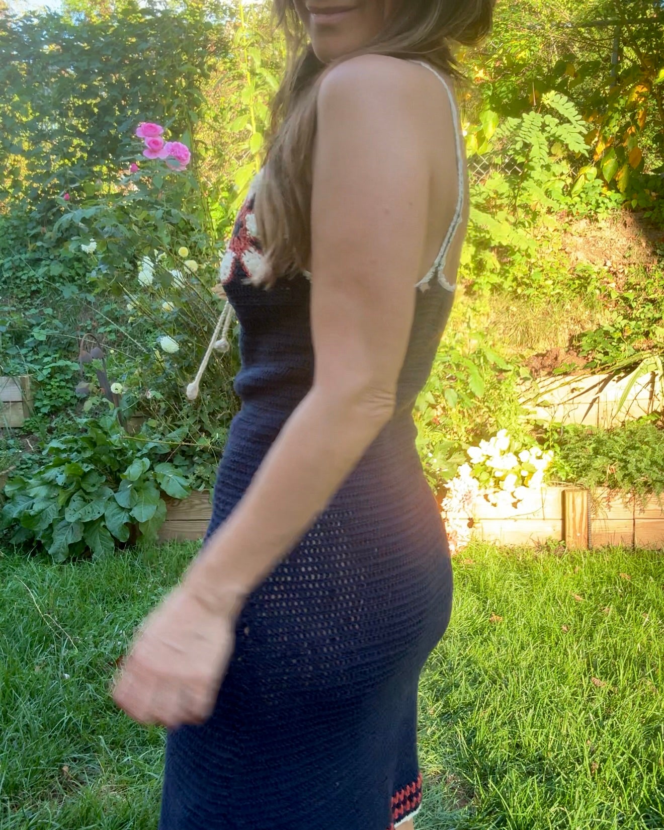 Midnight Daisy Crochet Slip — Vintage-Inspired 90s Festival Dress, Navy Handknit Crochet