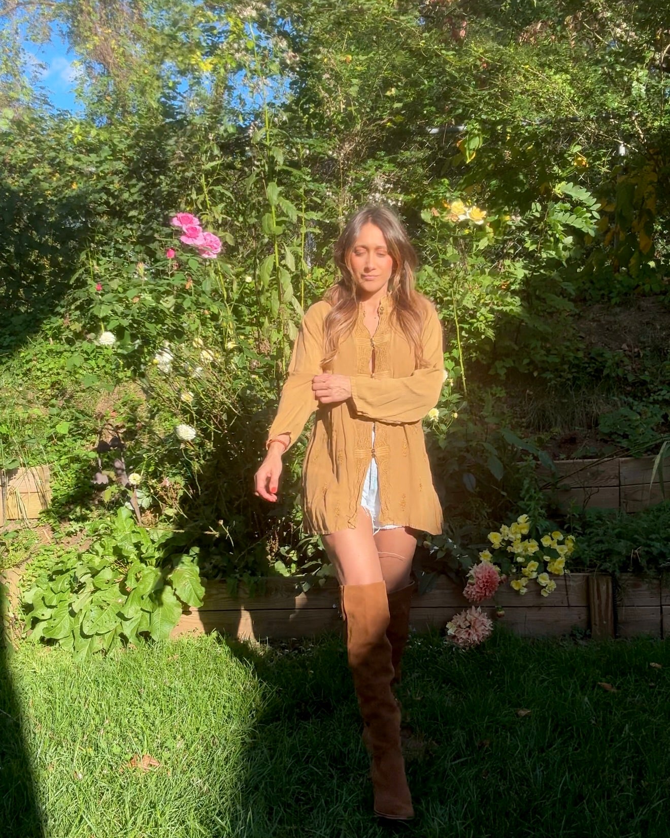 Vintage embroidered tunic — caramel + gold (fits S–L) Festival Boho Made in India