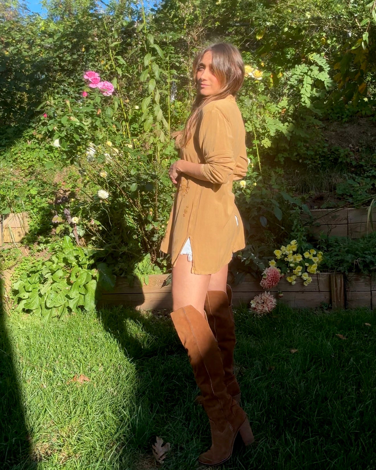 Vintage embroidered tunic — caramel + gold (fits S–L) Festival Boho Made in India