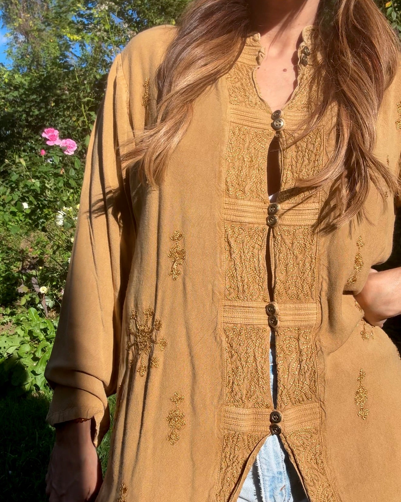 Vintage embroidered tunic — caramel + gold (fits S–L) Festival Boho Made in India