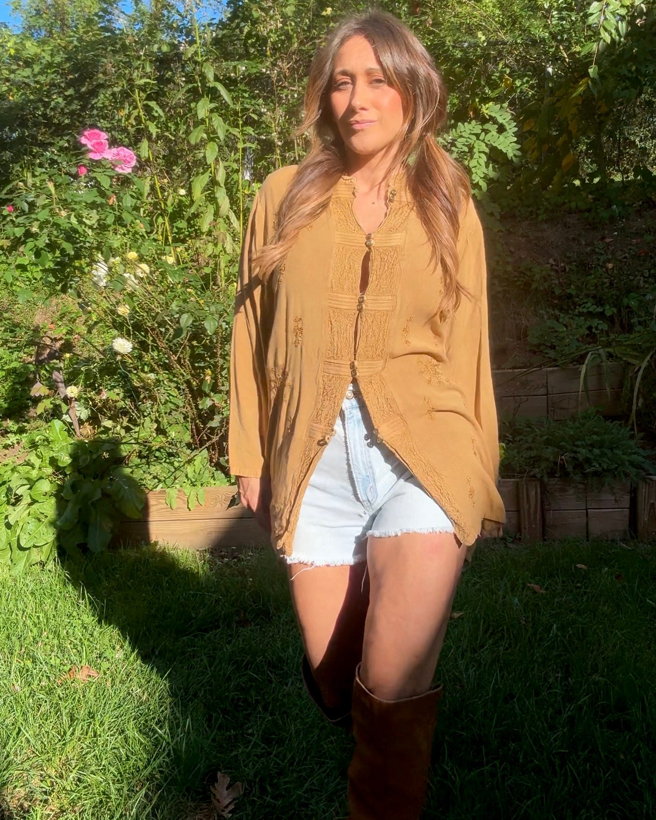 Vintage embroidered tunic — caramel + gold (fits S–L) Festival Boho Made in India