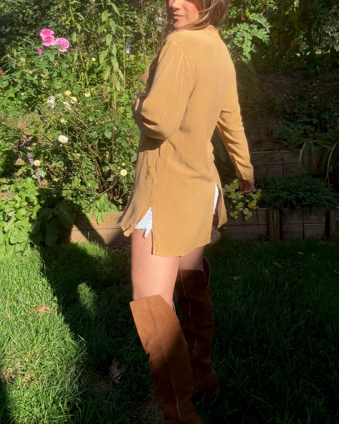 Vintage embroidered tunic — caramel + gold (fits S–L) Festival Boho Made in India