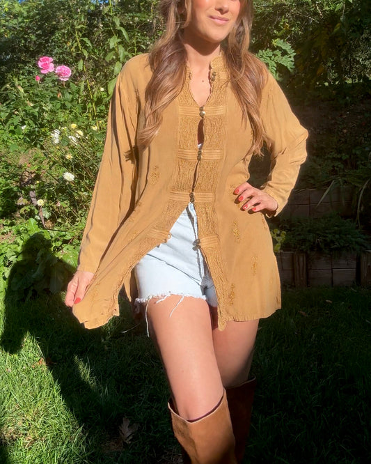 Vintage embroidered tunic — caramel + gold (fits S–L) Festival Boho Made in India