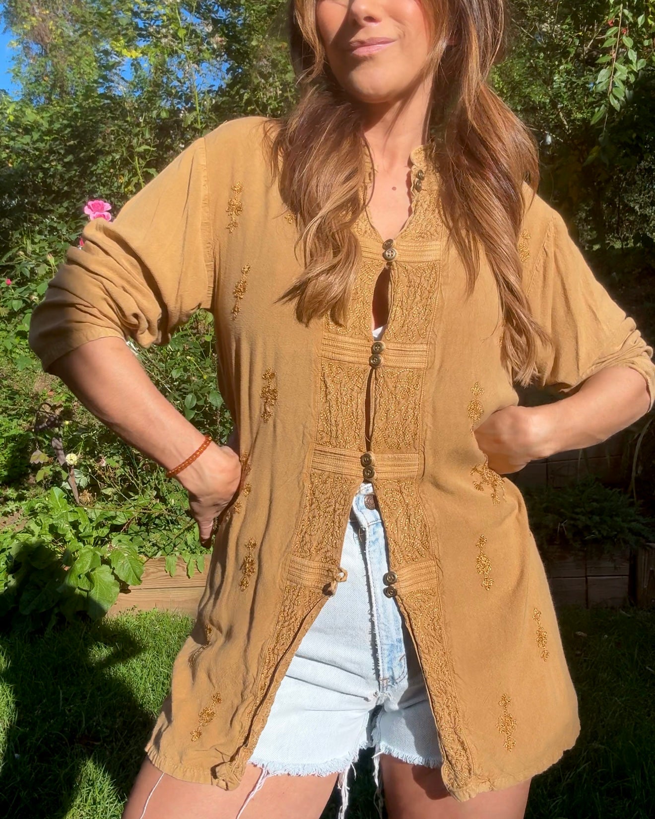 Vintage embroidered tunic — caramel + gold (fits S–L) Festival Boho Made in India