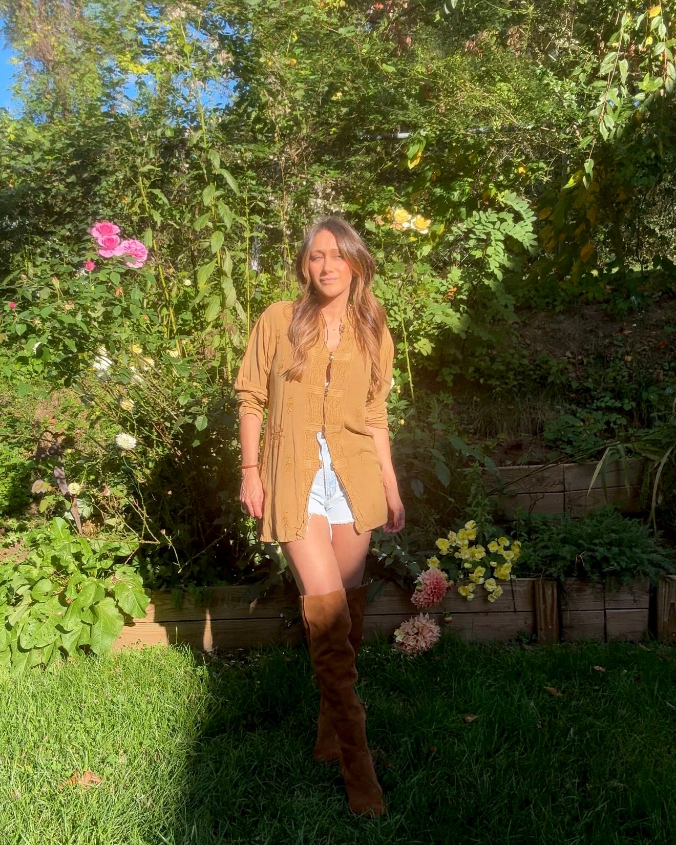 Vintage embroidered tunic — caramel + gold (fits S–L) Festival Boho Made in India