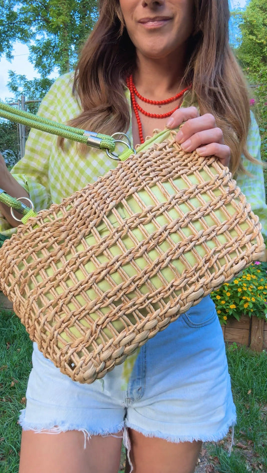 Woven Straw Tote Bag with Lime Green Lining &amp; Card Holder