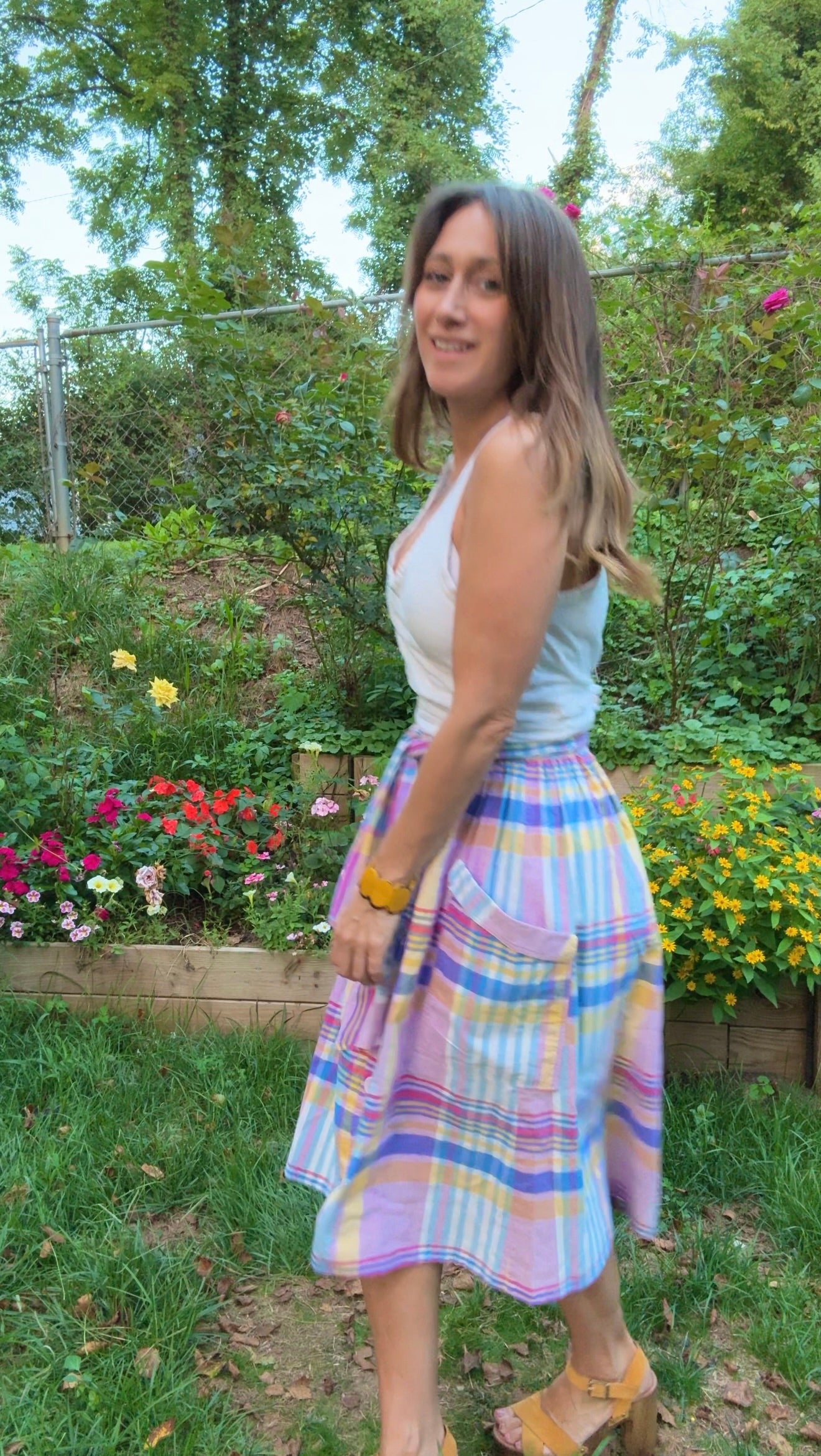 Vintage Pastel Plaid Cotton Skirt w/ Pockets