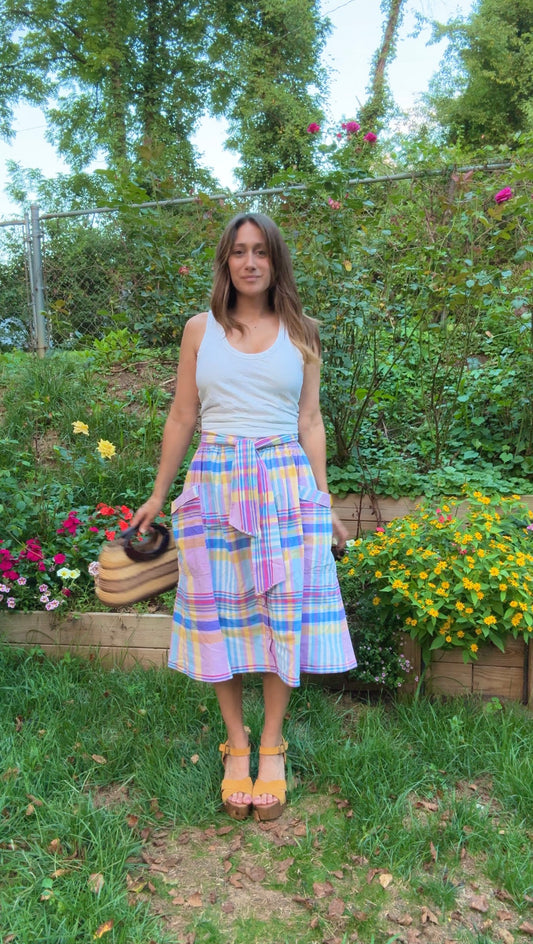 Vintage Pastel Plaid Cotton Skirt w/ Pockets
