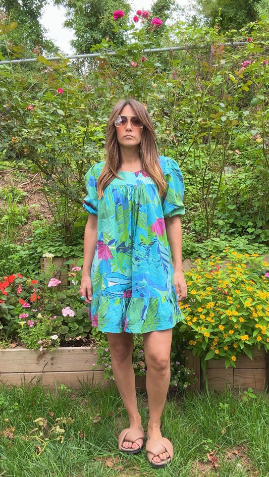 Sunday Honey Original – Tropical Floral Puff Sleeve Mini Dress