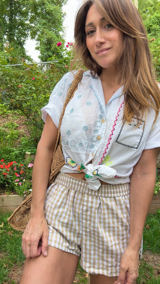 Embroidered Patchwork Embroidered Cotton Camp Shirt – White with Multicolor Florals