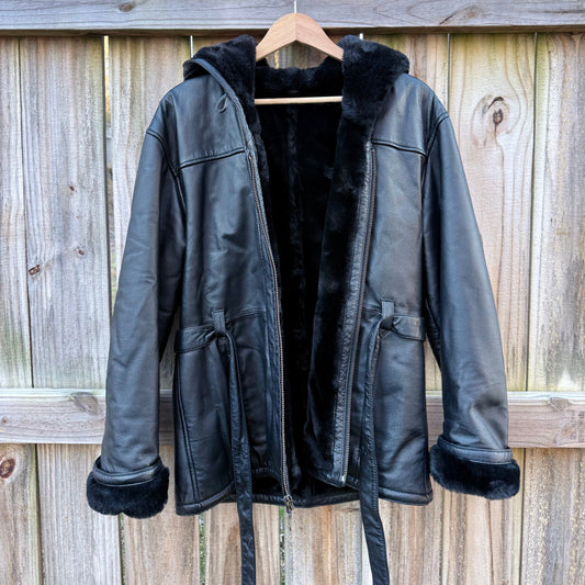 Vintage Black Leather Shearling-Lined Jacket