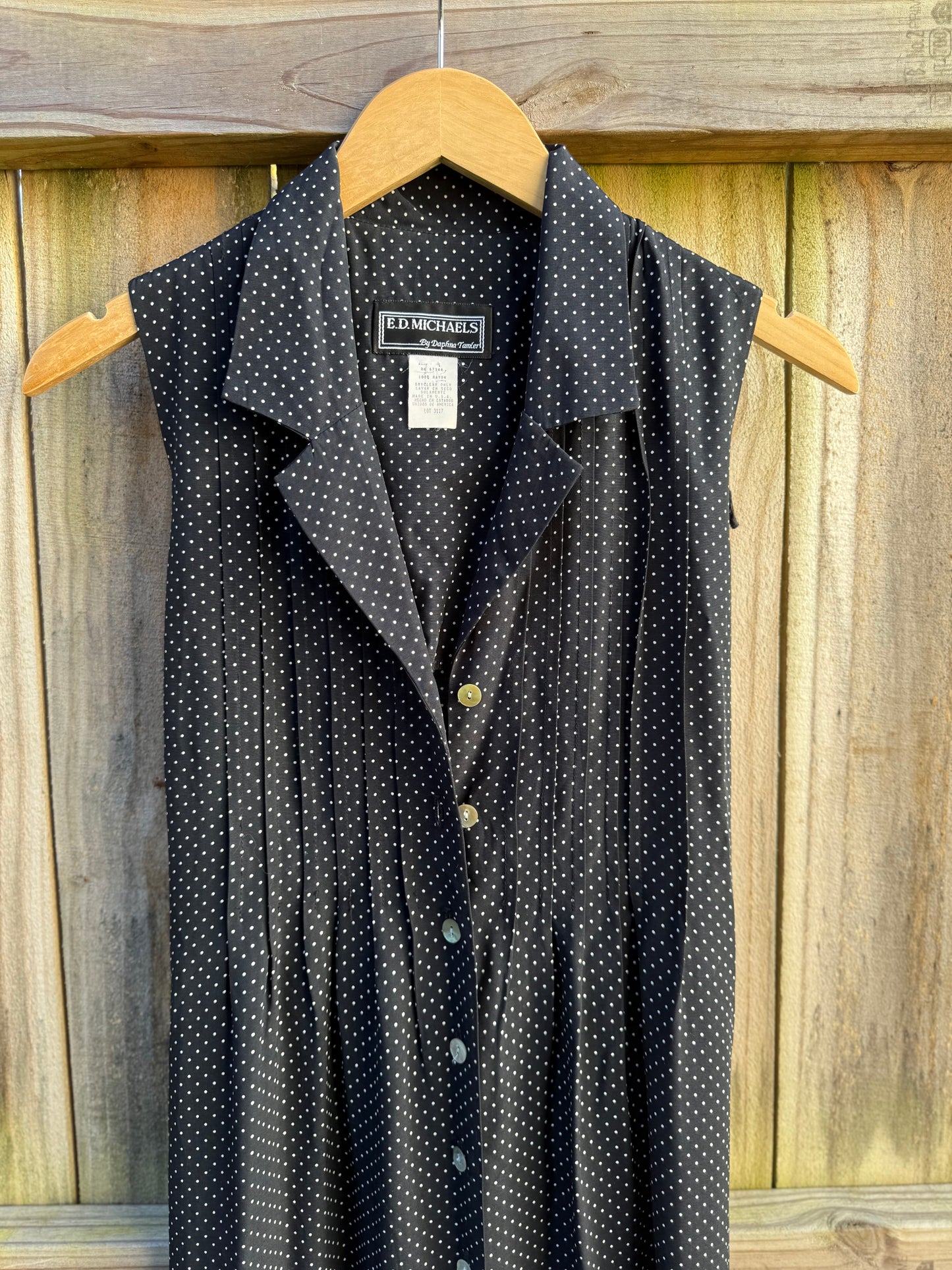 90s Vintage Navy Polka Dot Button-Front Midi Dress