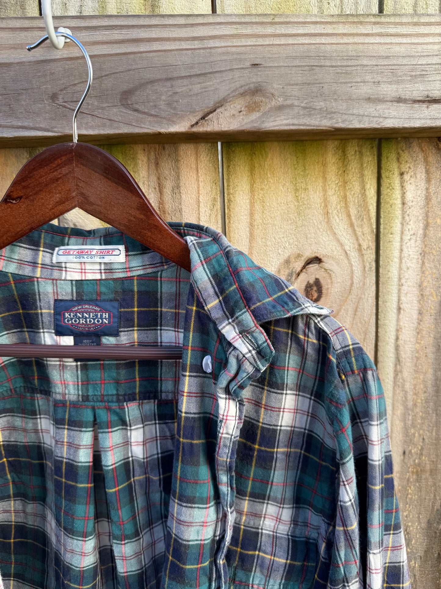 Vintage Plaid Button Down Shirt / Green Navy Tartan / 100% Cotton / Made in USA