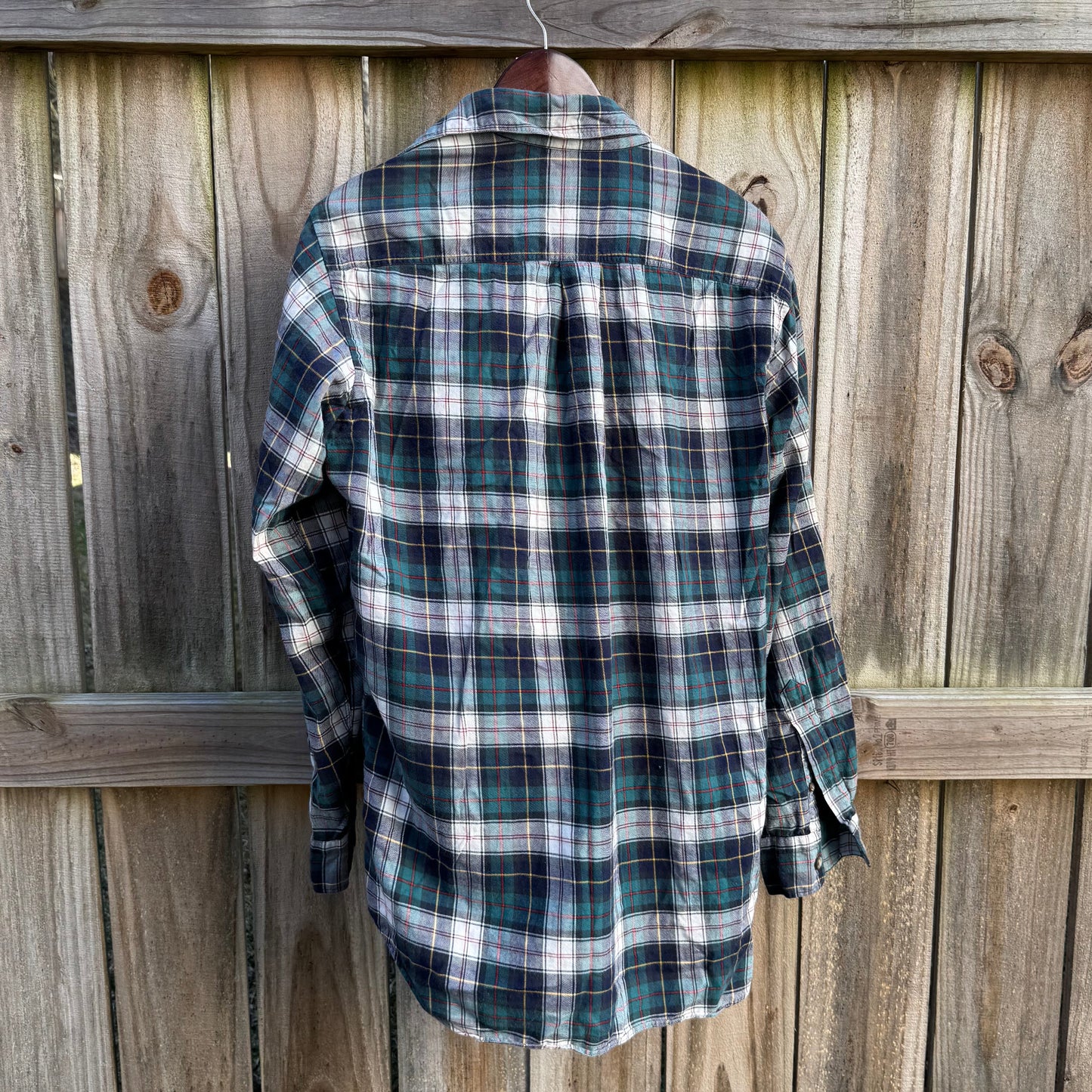 Vintage Plaid Button Down Shirt / Green Navy Tartan / 100% Cotton / Made in USA