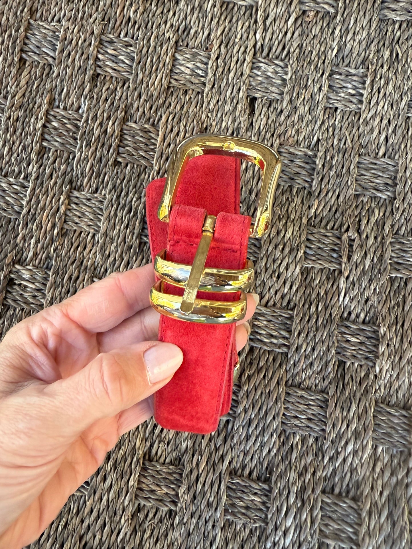Vintage Red Suede Belt with Gold Hardware