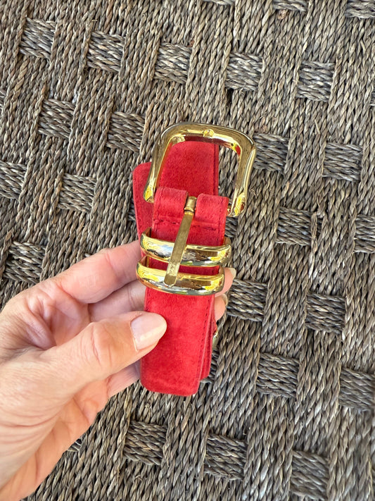 Vintage Red Suede Belt with Gold Hardware