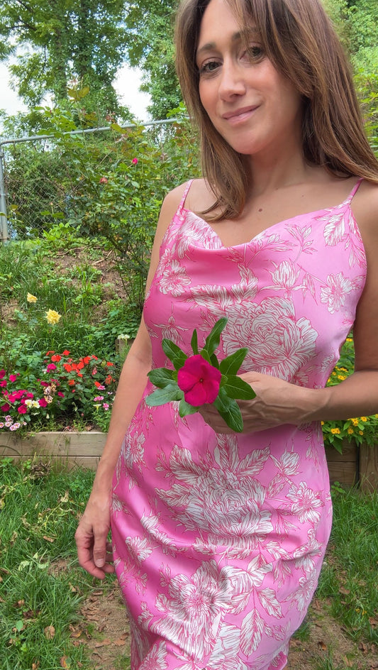 Pink Floral Slip Dress with Side Slit – Satin Look