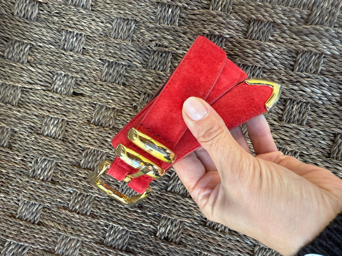 Vintage Red Suede Belt with Gold Hardware