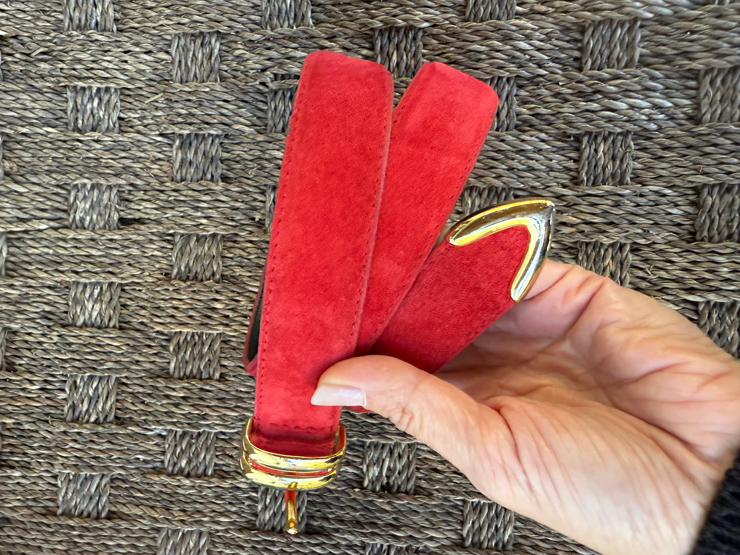 Vintage Red Suede Belt with Gold Hardware