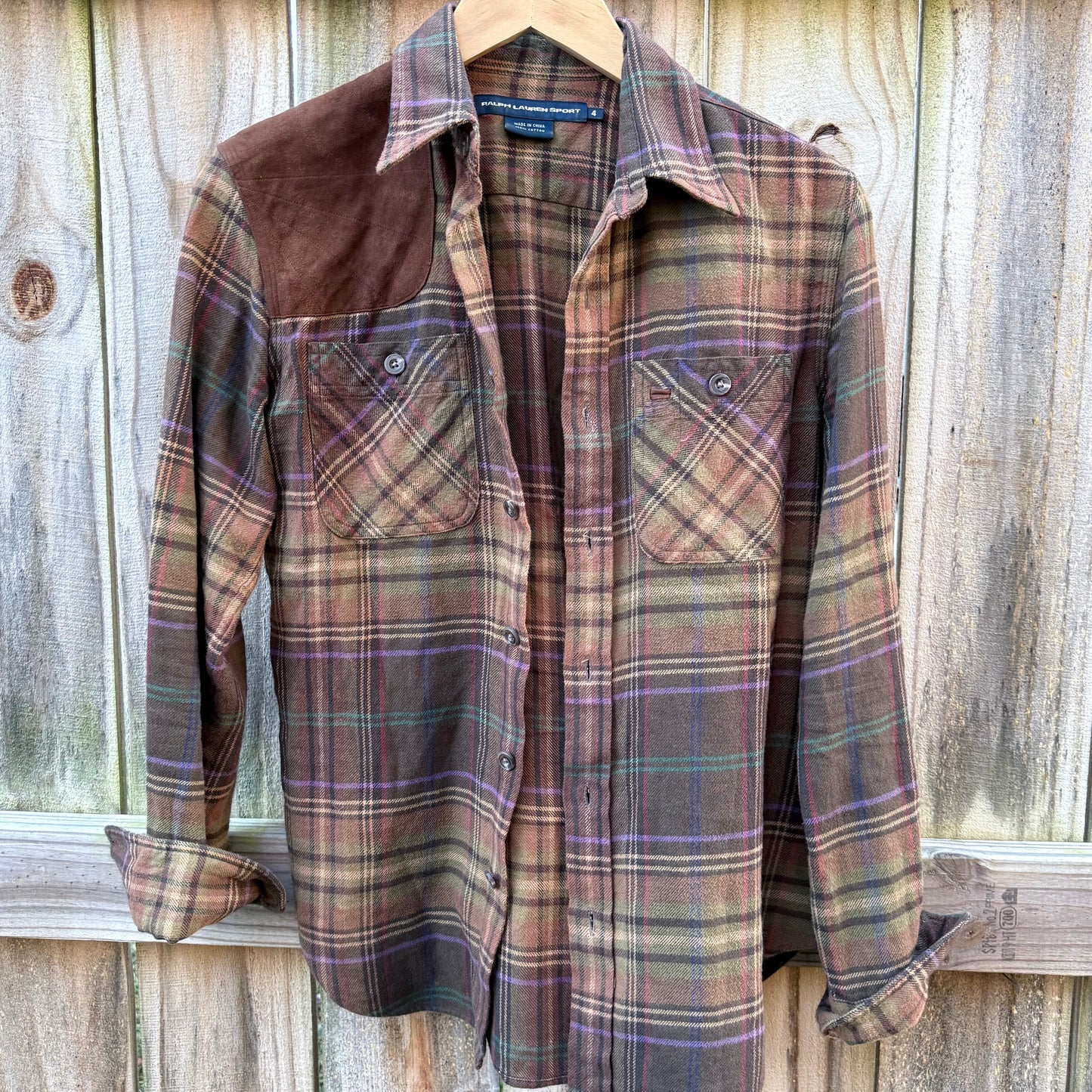 Vintage Ralph Lauren Sport Plaid Flannel Shirt with Suede Shoulder Patch