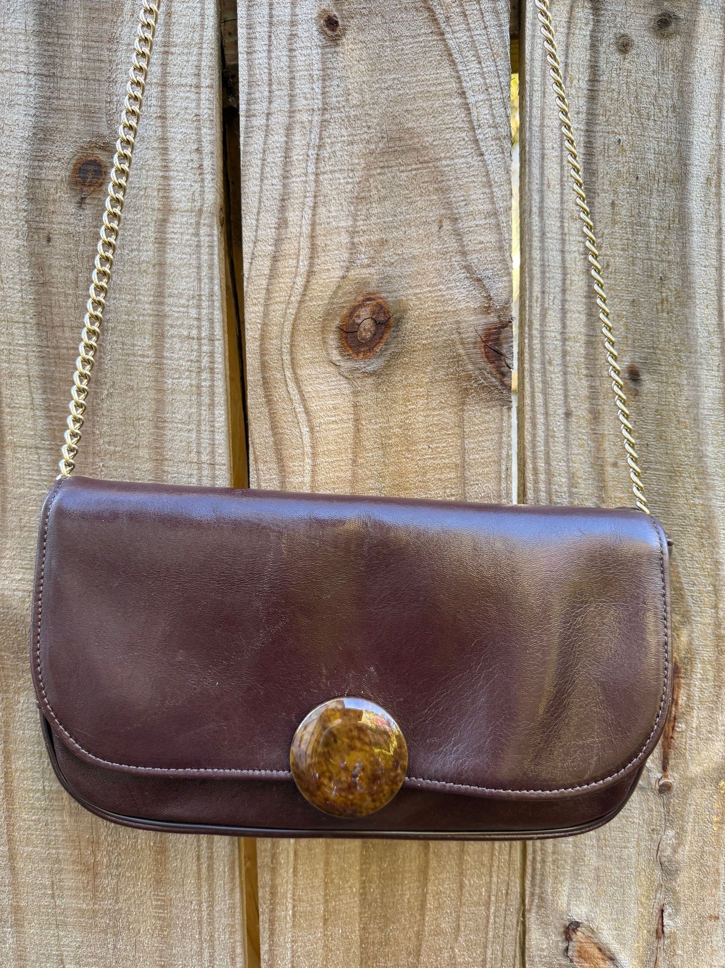 Vintage Chocolate Leather Shoulder Bag with Sculptural Faux Stone Clasp