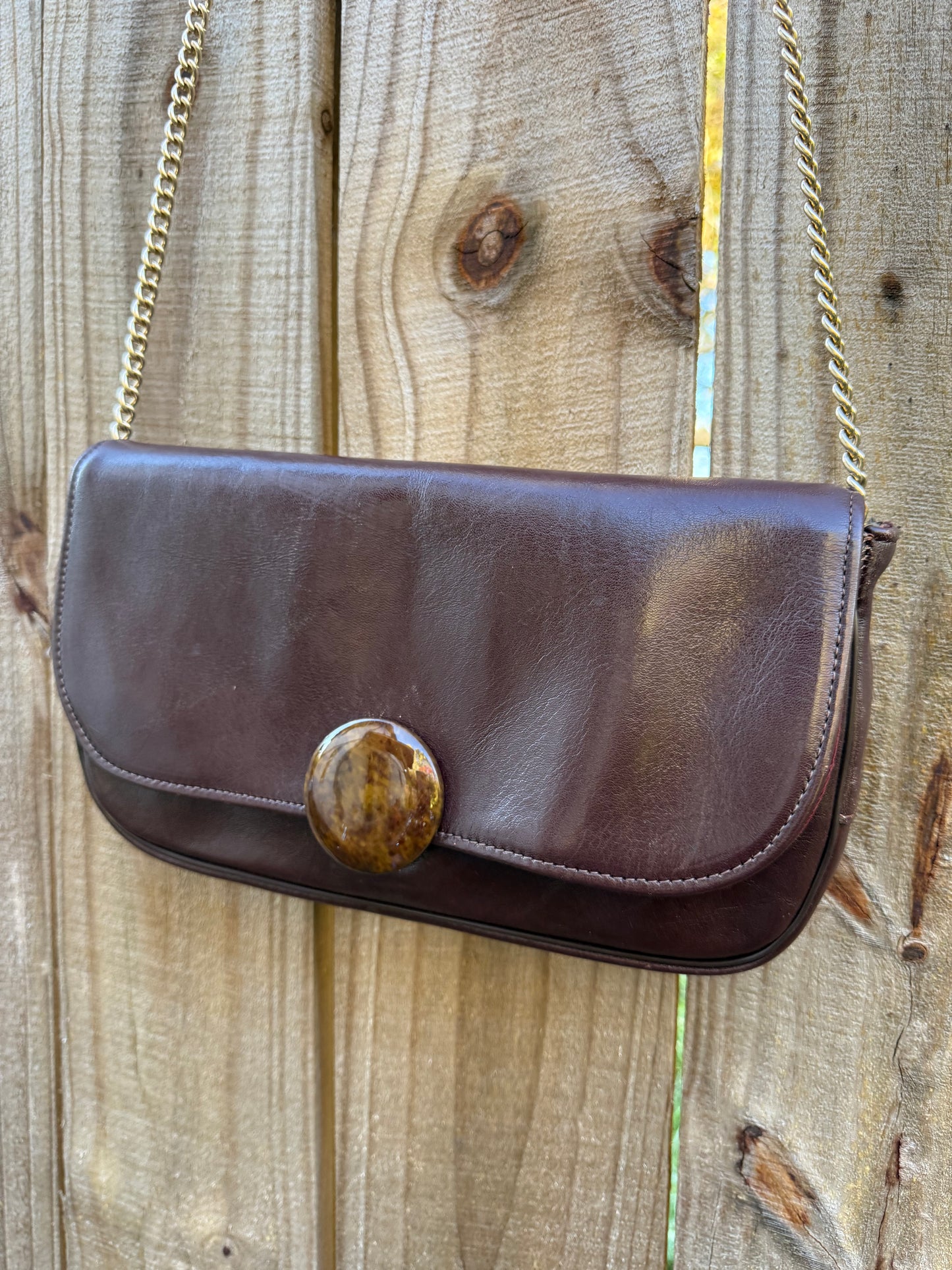 Vintage Chocolate Leather Shoulder Bag with Sculptural Faux Stone Clasp