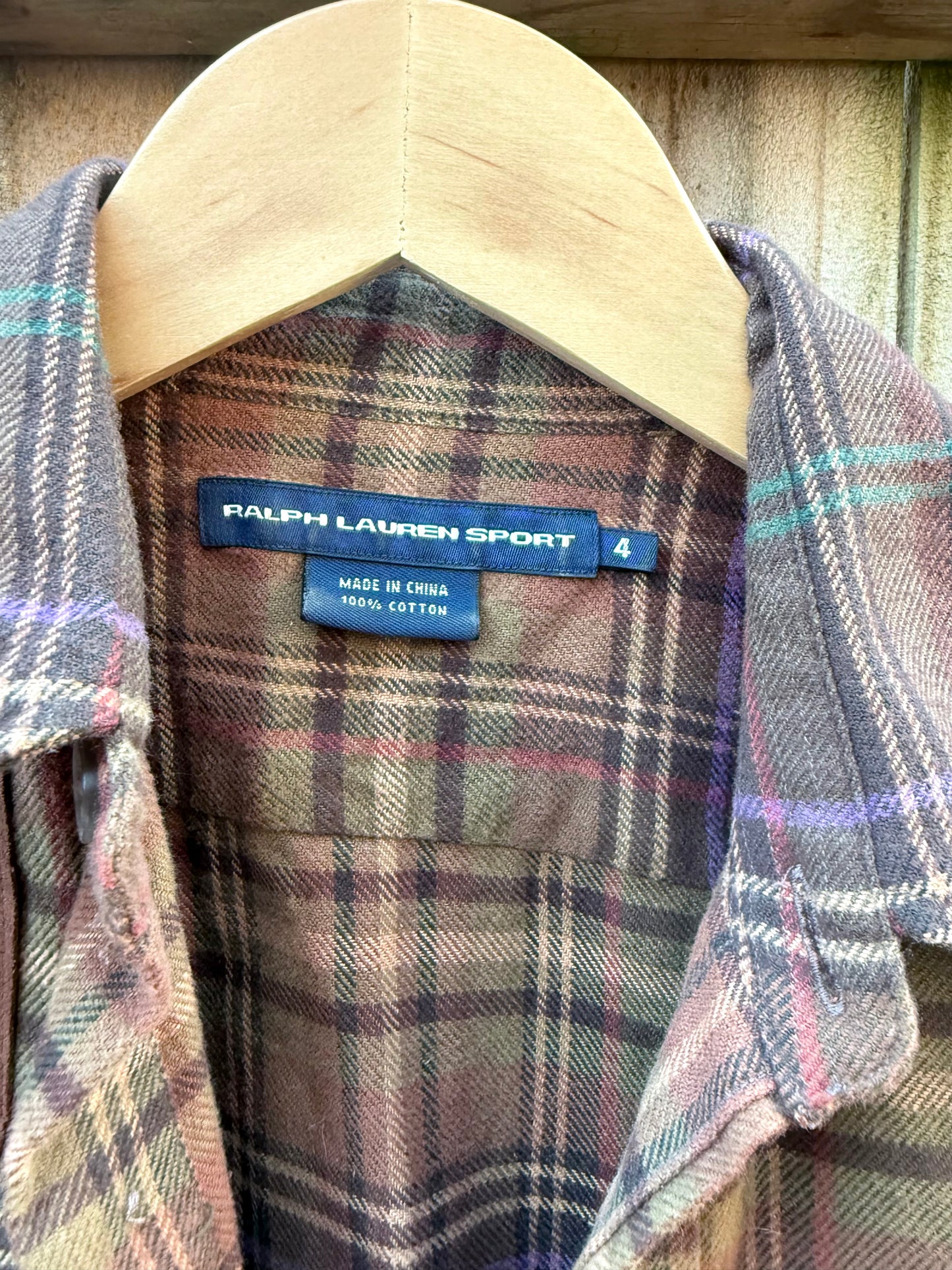 Vintage Ralph Lauren Sport Plaid Flannel Shirt with Suede Shoulder Patch