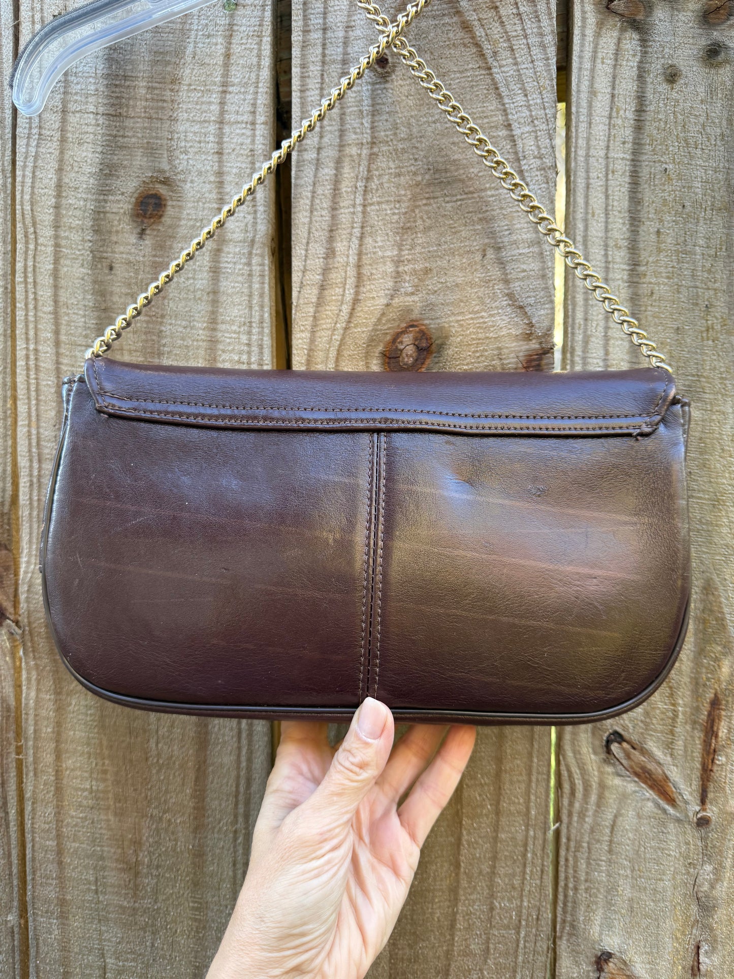 Vintage Chocolate Leather Shoulder Bag with Sculptural Faux Stone Clasp