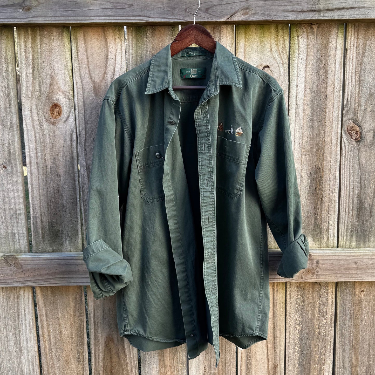 Vintage Orvis Fly Fishing Shirt – Olive Cotton Work Shirt, Embroidered Detail