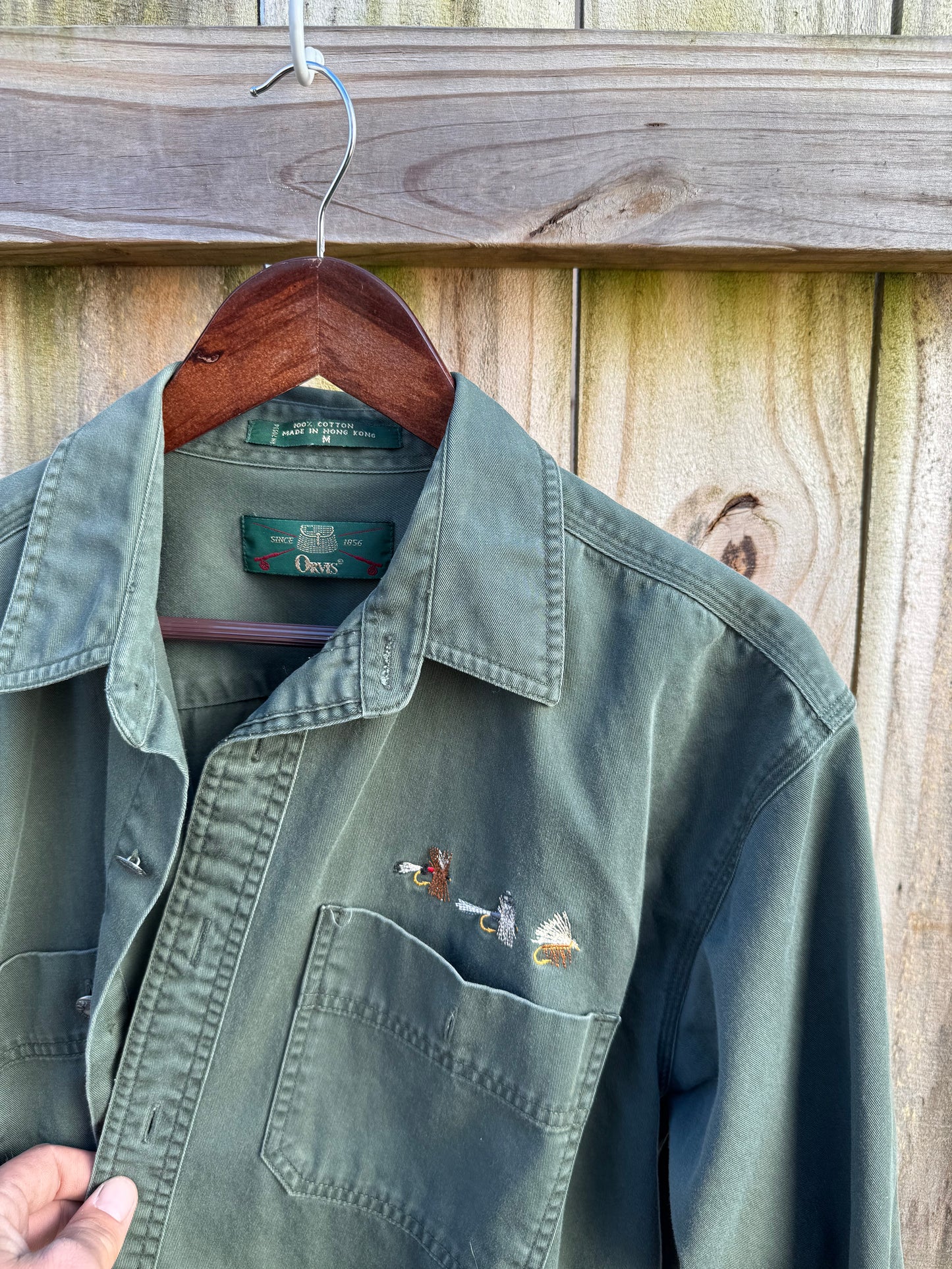 Vintage Orvis Fly Fishing Shirt – Olive Cotton Work Shirt, Embroidered Detail