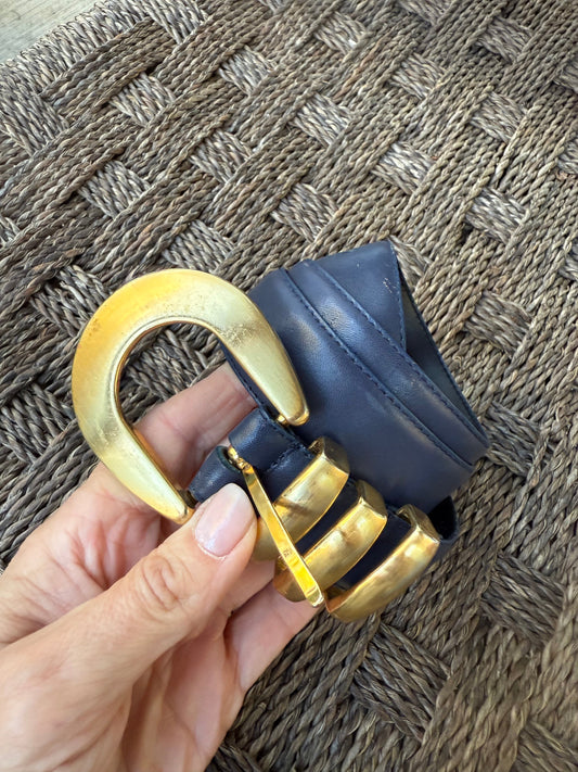 Vintage Liz Claiborne Leather Belt with Sculptural Gold Buckle