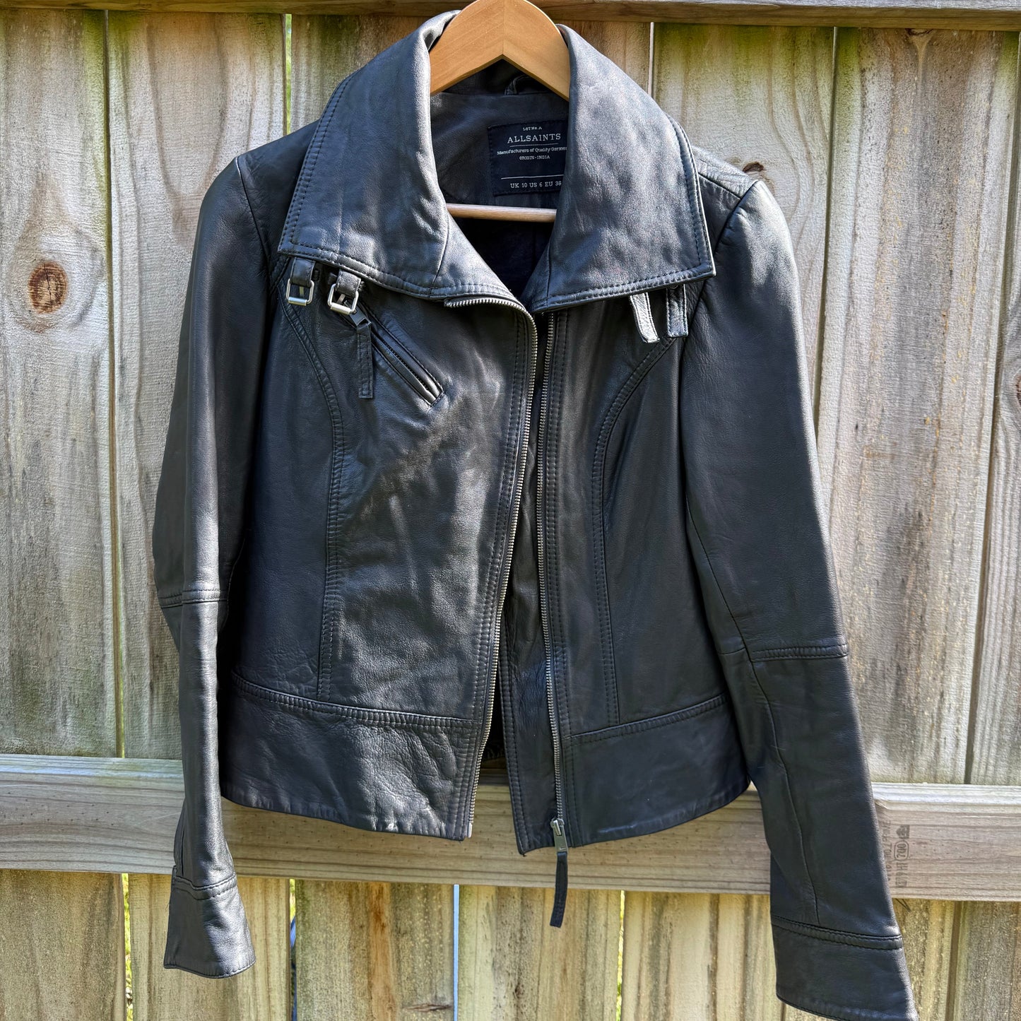 AllSaints Leather Moto Jacket Oversized Collar Black US 6