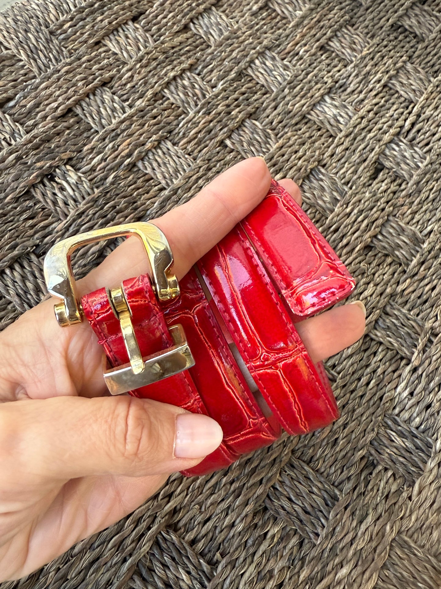 Vintage Red Croc-Embossed Skinny Belt (1990s Prada Pop Energy)