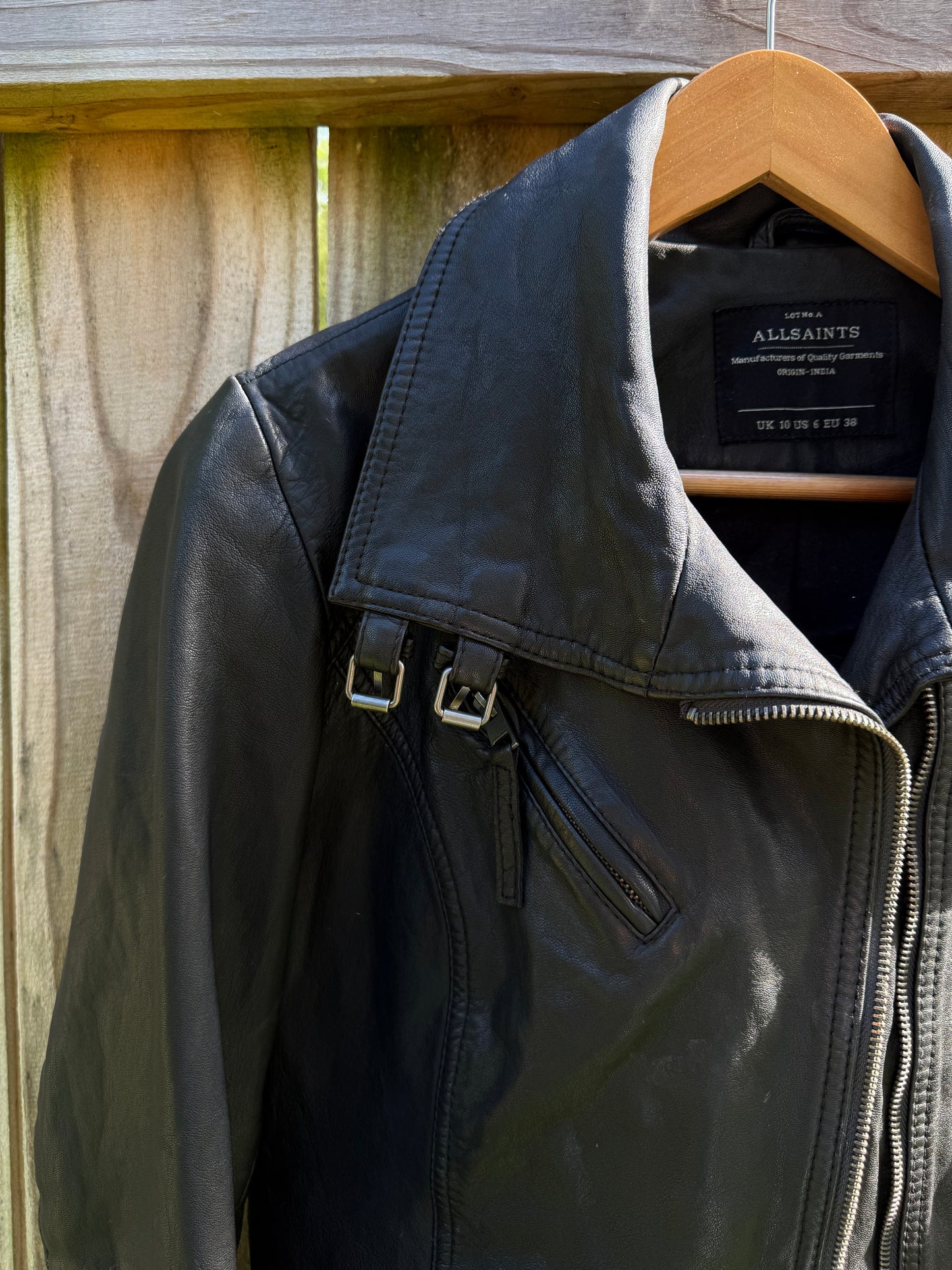 AllSaints Leather Moto Jacket Oversized Collar Black US 6