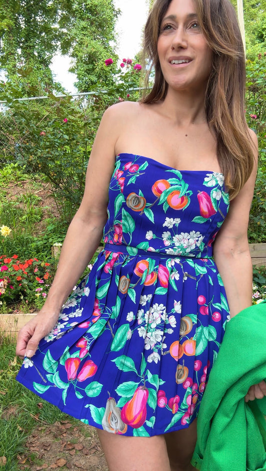 Original Fruit Print Two-Piece Set – Button-Back Top &amp; Pleated Skirt
