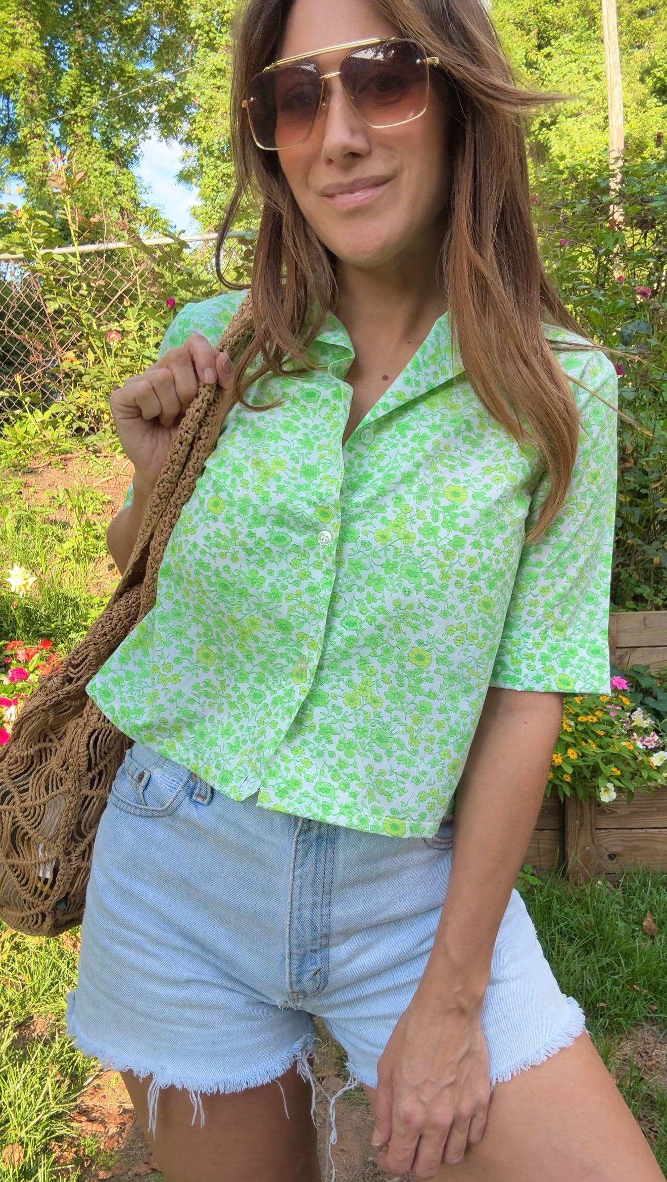 Cropped Cotton Button-Up in Citrus Bloom