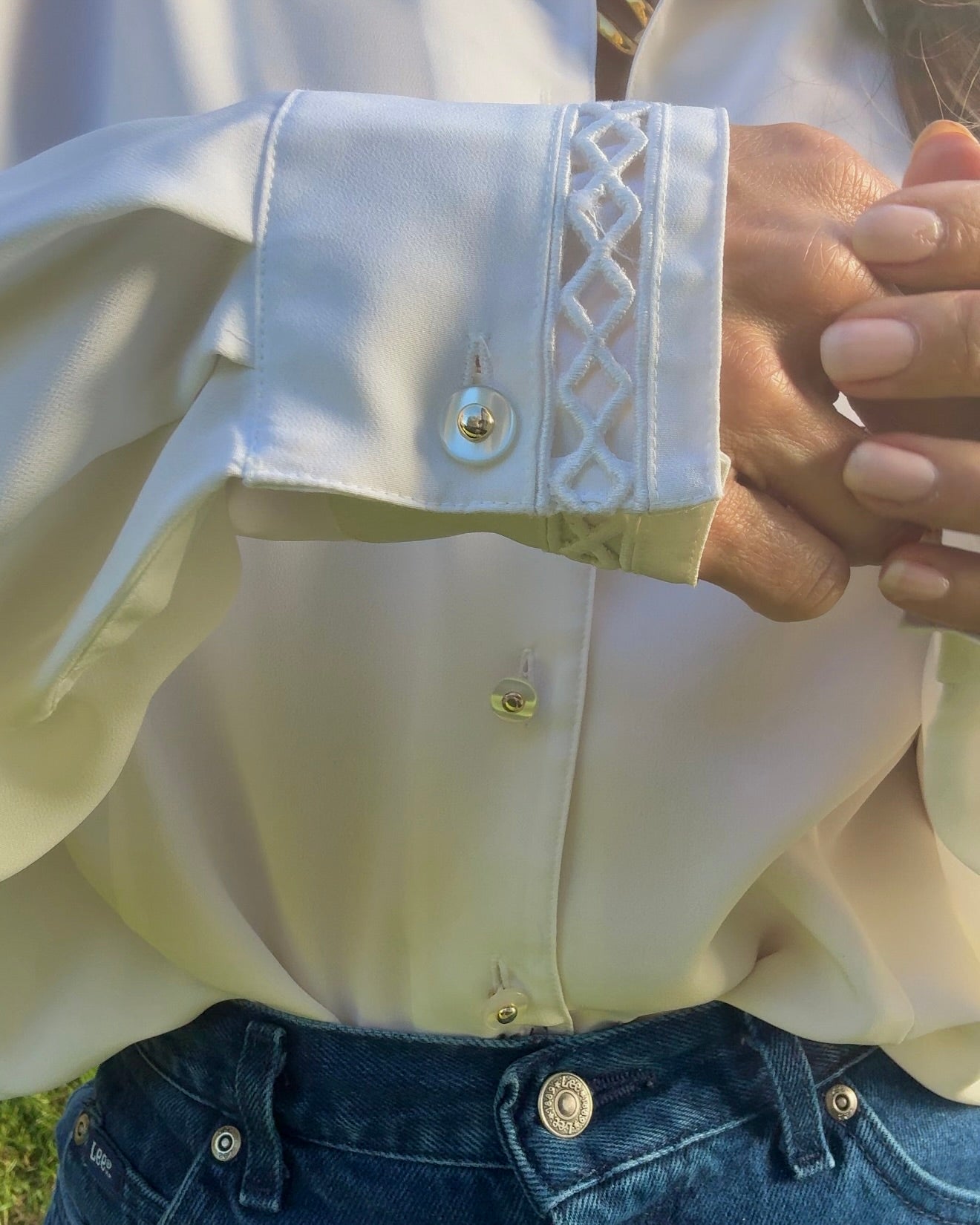 Vintage Ivory Drape Button-Up with Lace Detail