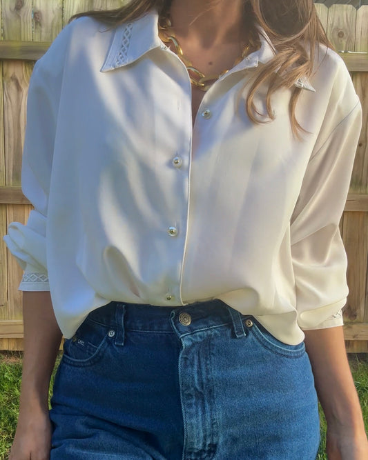 Vintage Ivory Drape Button-Up with Lace Detail