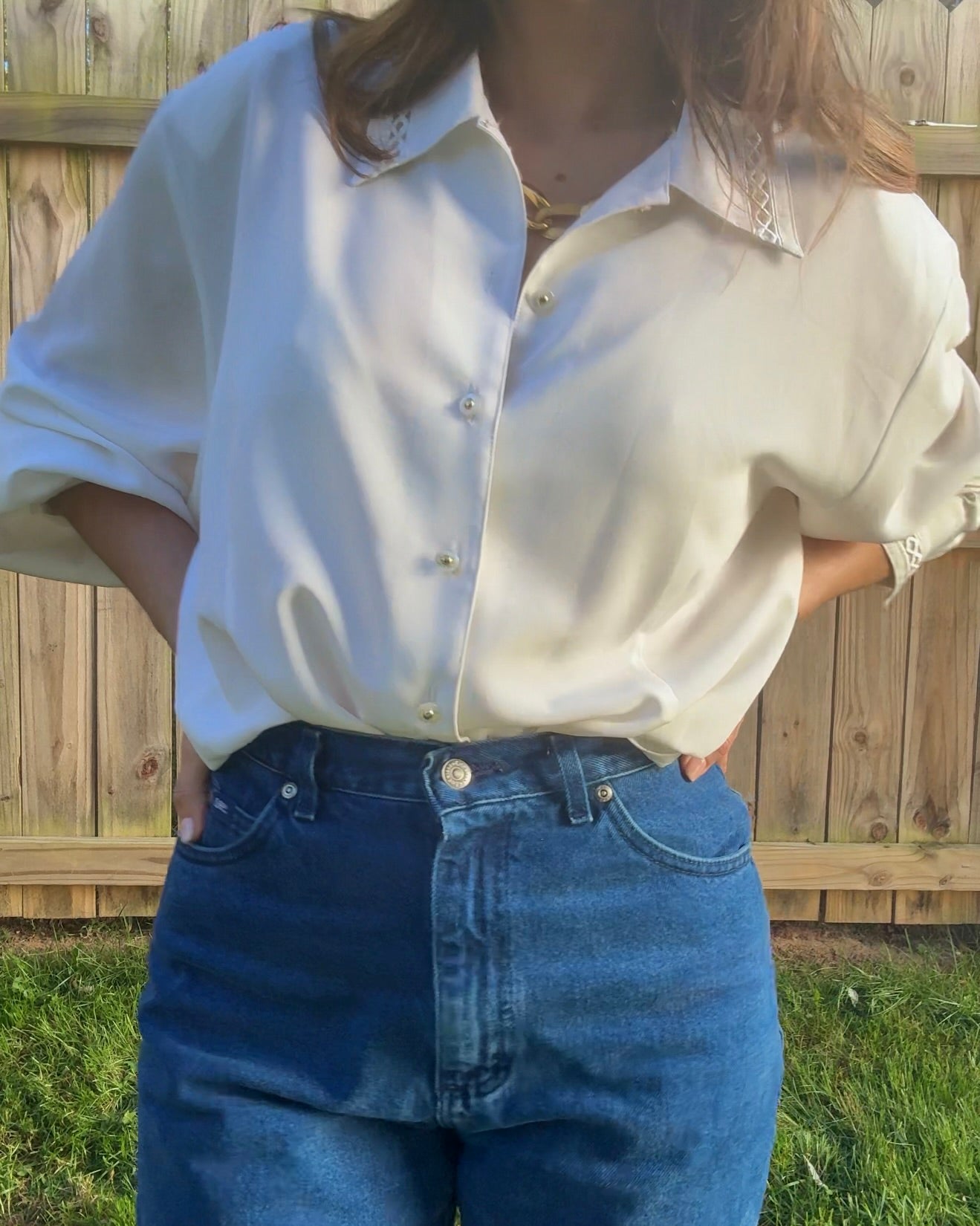 Vintage Ivory Drape Button-Up with Lace Detail