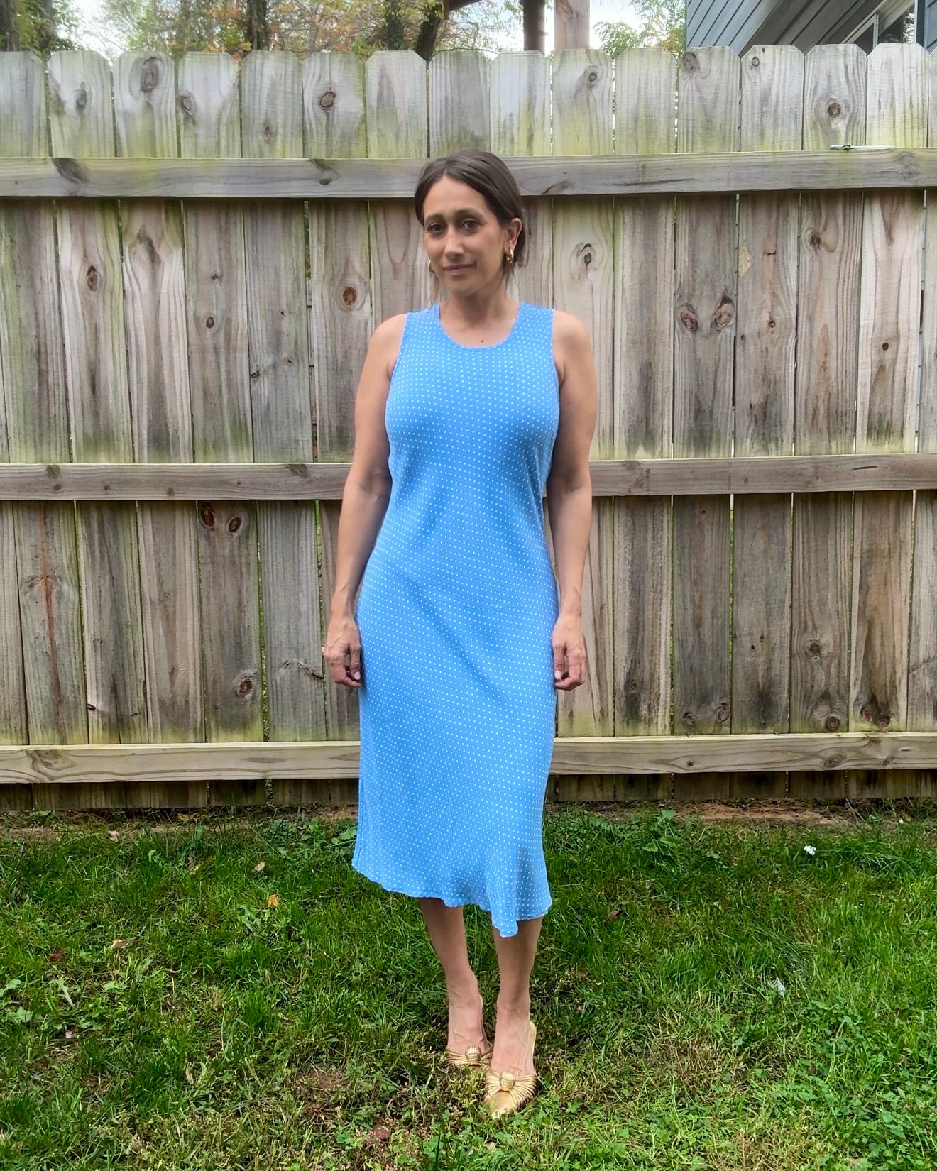 90s True Vintage Washed French Blue Bias Cut Dress / Micro Polka Dot