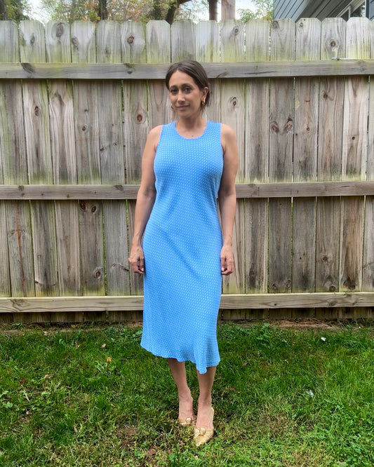 90s True Vintage Washed French Blue Bias Cut Dress / Micro Polka Dot