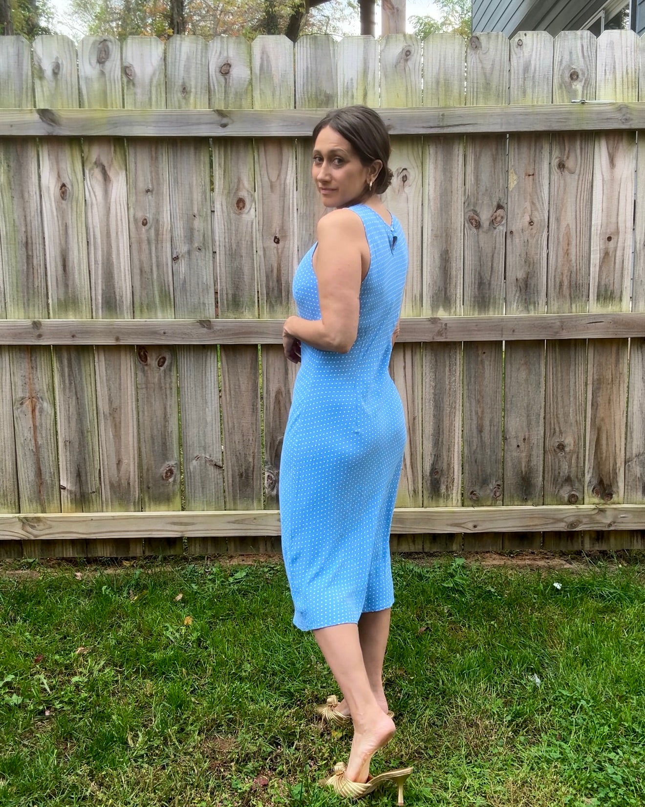 90s True Vintage Washed French Blue Bias Cut Dress / Micro Polka Dot