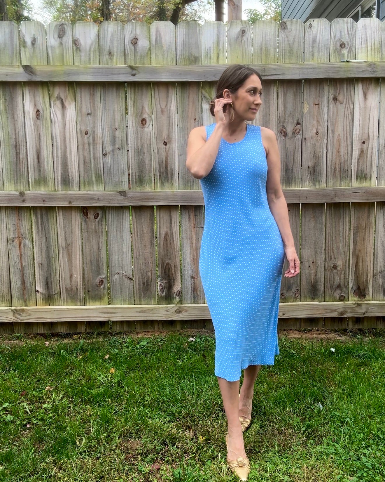 90s True Vintage Washed French Blue Bias Cut Dress / Micro Polka Dot