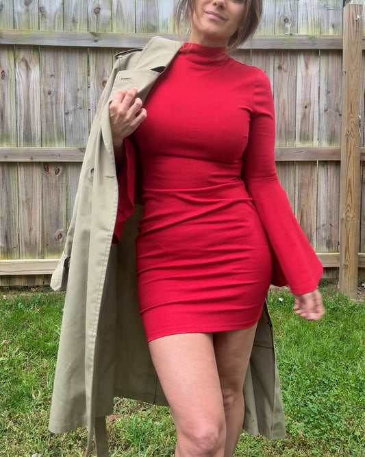 Y2K Vintage Red Bell Sleeve Dress Bodycon Date Night