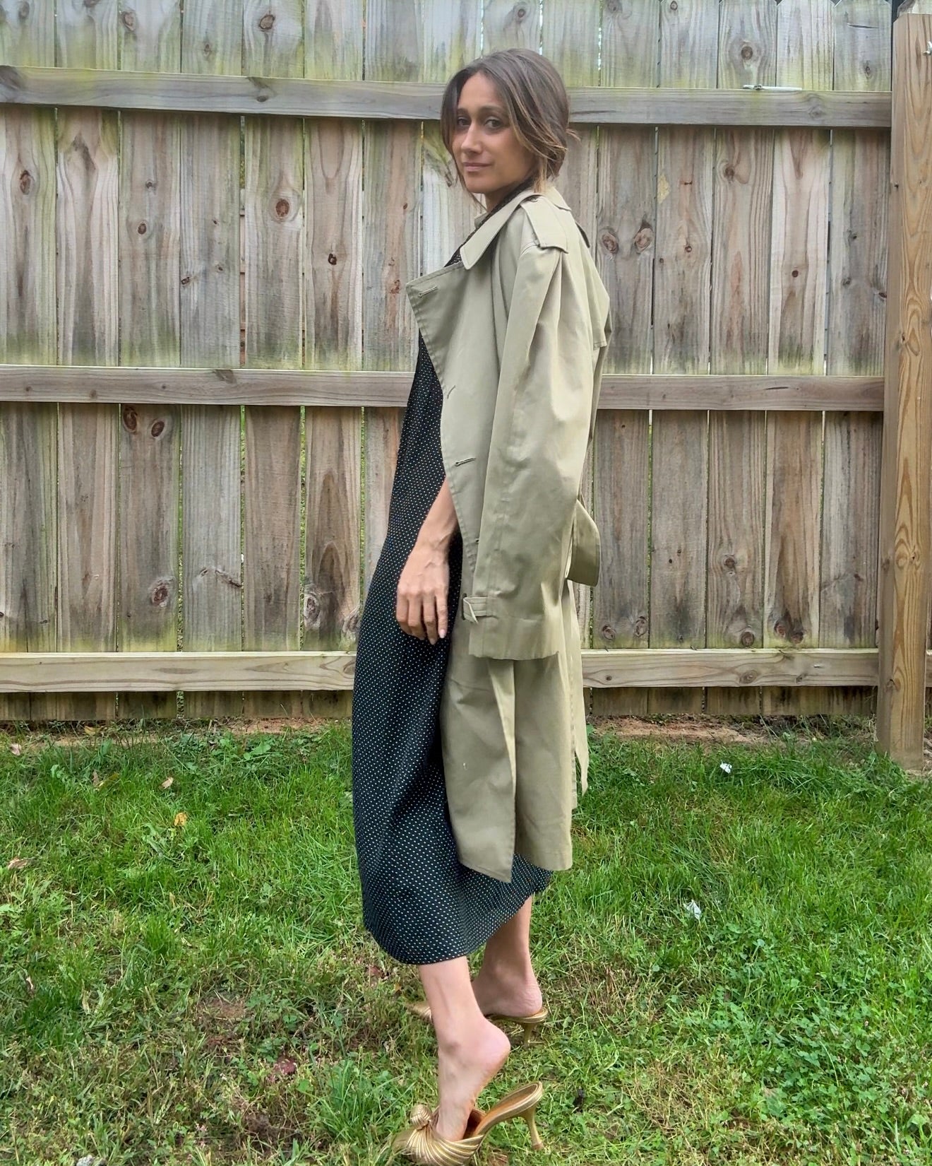 90s Vintage Navy Polka Dot Button-Front Midi Dress