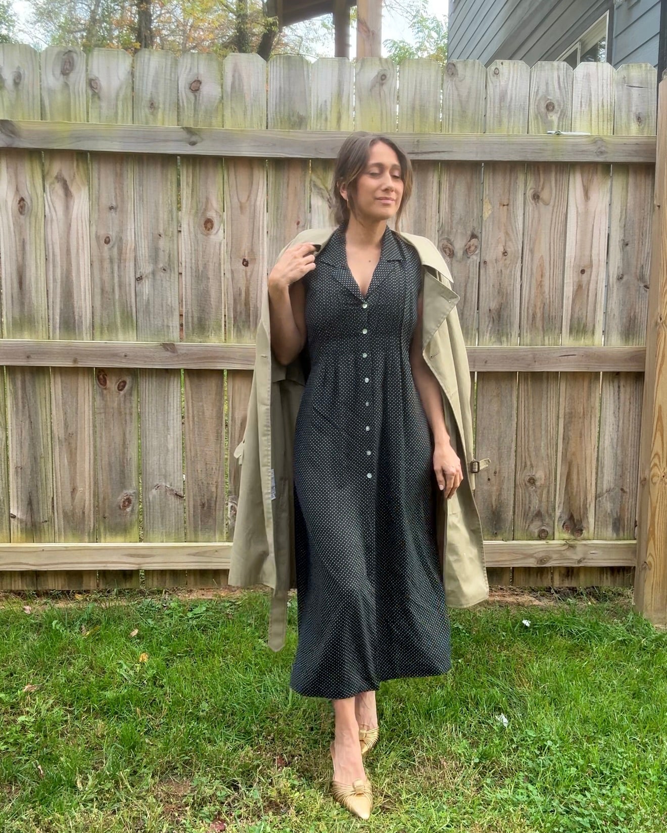 90s Vintage Navy Polka Dot Button-Front Midi Dress