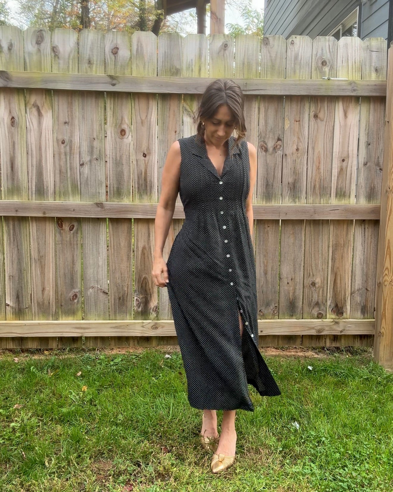 90s Vintage Navy Polka Dot Button-Front Midi Dress