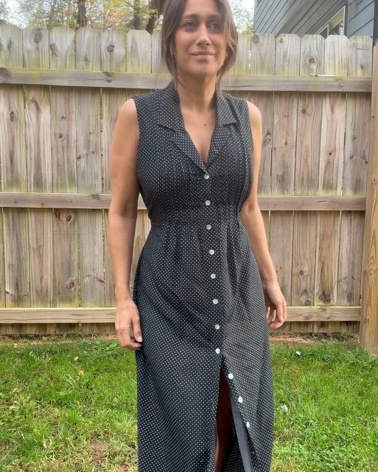 90s Vintage Navy Polka Dot Button-Front Midi Dress